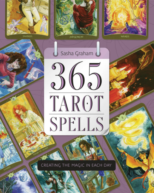 Cover of 365 Tarot Spells showing colorful tarot cards for witchcraft and spellcasting. 